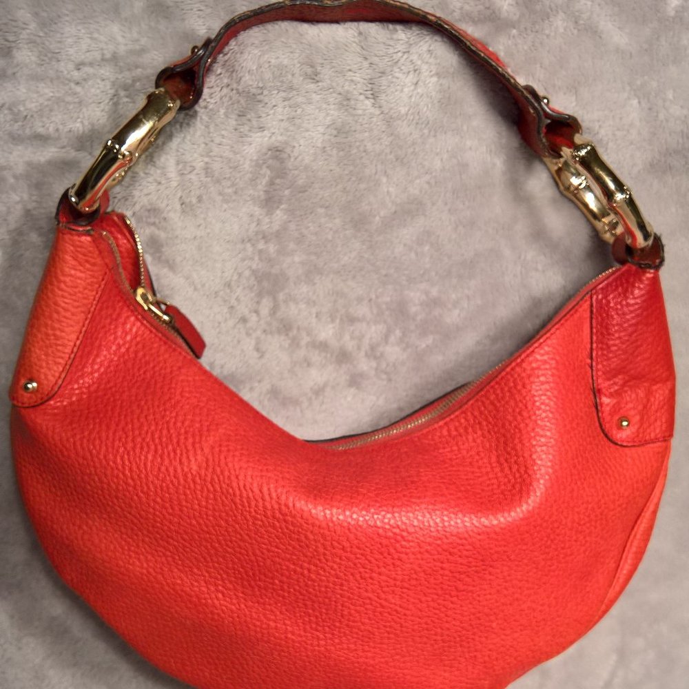 Gucci Red Leather Medium Web Bamboo Ring Hobo